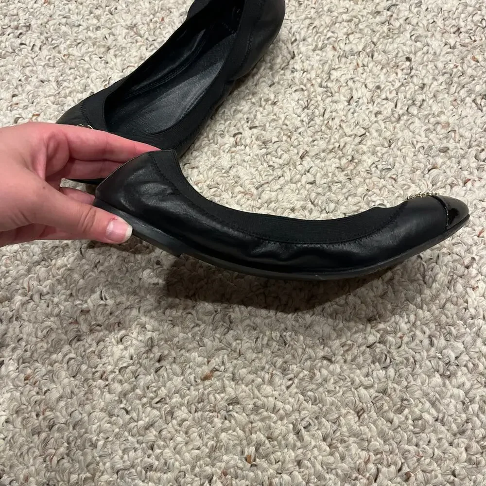 Tory Burch Black Leather & Patent Toe Logo Ballet Flats